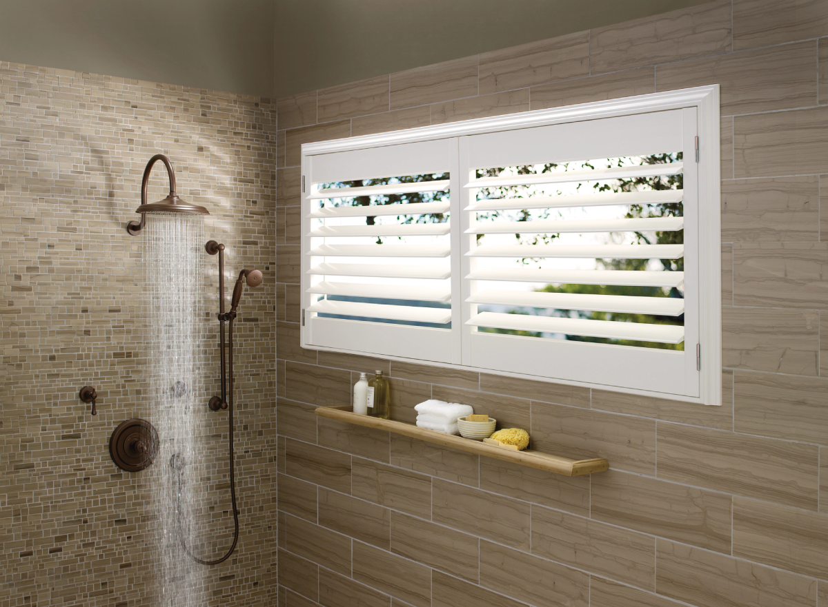 Homepage 6 Hunter Douglas shutters in a modern shower.